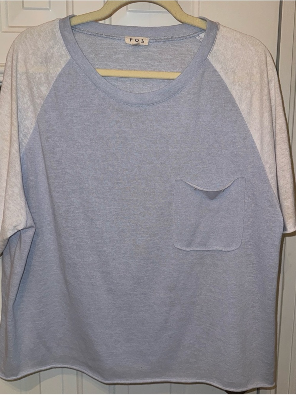 POL Clothing Boho Oversized Raglan Sleeve Pocket Tee - Light Blue/Gray, Size S